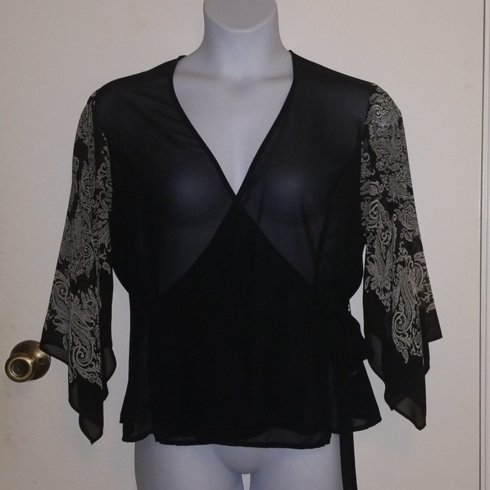 Black Kimono Wrap Blouse w/ White Paisley Detail